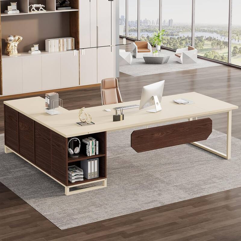 70.8" L-Shaped Executive Desk with 55" File Cabinet, Large Computer Desk with Storage Shelves/Cabinet for Home Office - Beige & Walnut