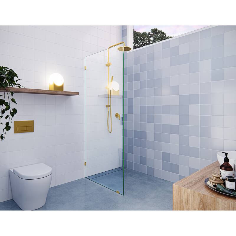 Vela 28.5 in. x 78 in. Fully Frameless Glass Shower Panel - Single Fixed Panel - Satin Brass