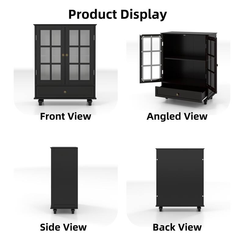 Accent Cabinet with Glass Doors and Drawers, Wooden Buffet and Sideboard Cupboard with Storage