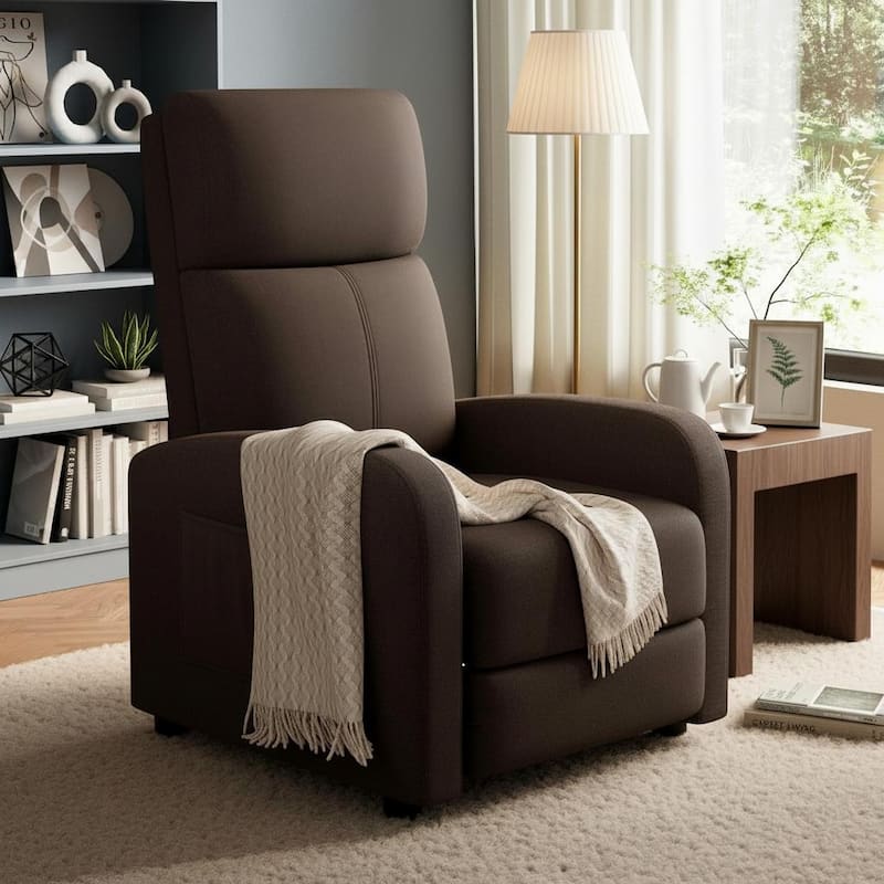 Recliner Chair for Adults, High Backrest, Thick Cushion, with Side Pocket - Brown