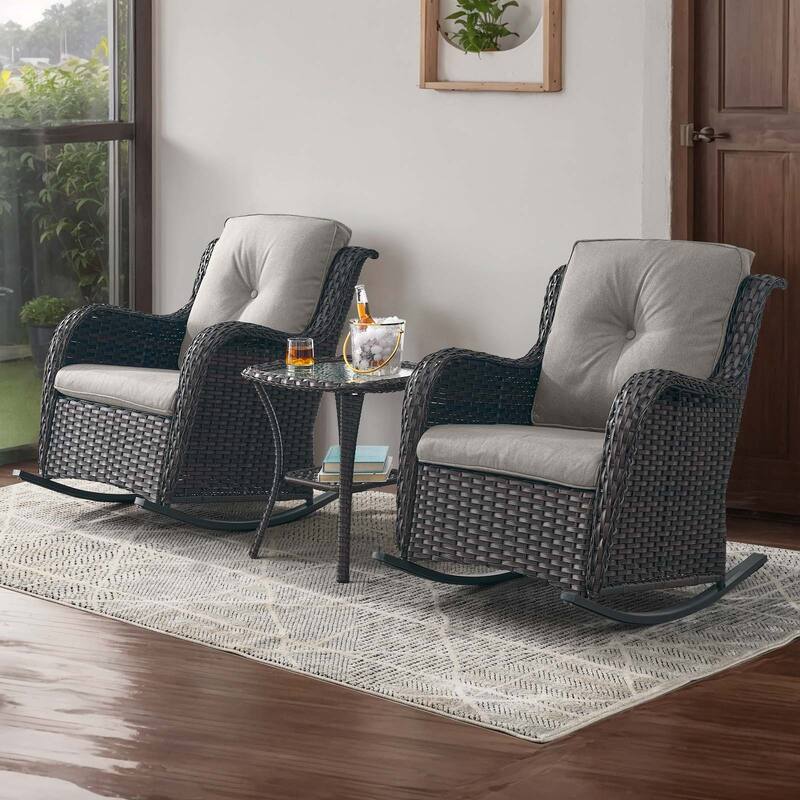 Gymojoy Patio Rocking Chair with Comfortable Cushions - Brown - Grey