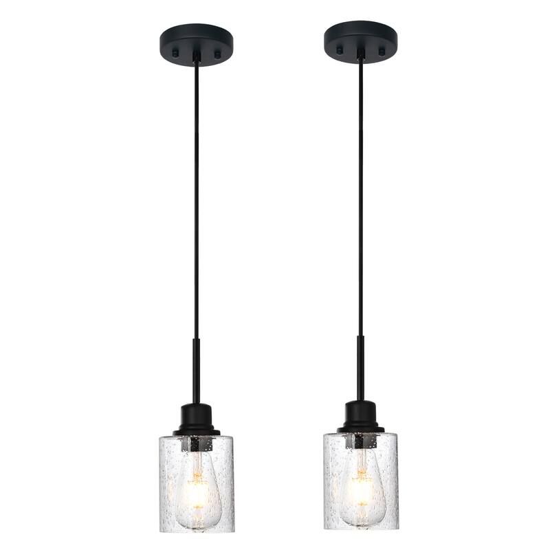 Modern Metal Pendant Lights with Seeded Glass - Black - 2-Pack