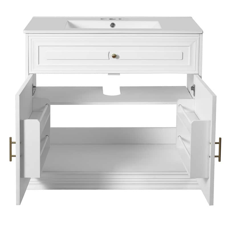 36"W Luxurious Bathroom Vanity with Ceramic Sink, Solid Wood Frame Bathroom Storage Cabinet with 2 Soft-Closing Doors