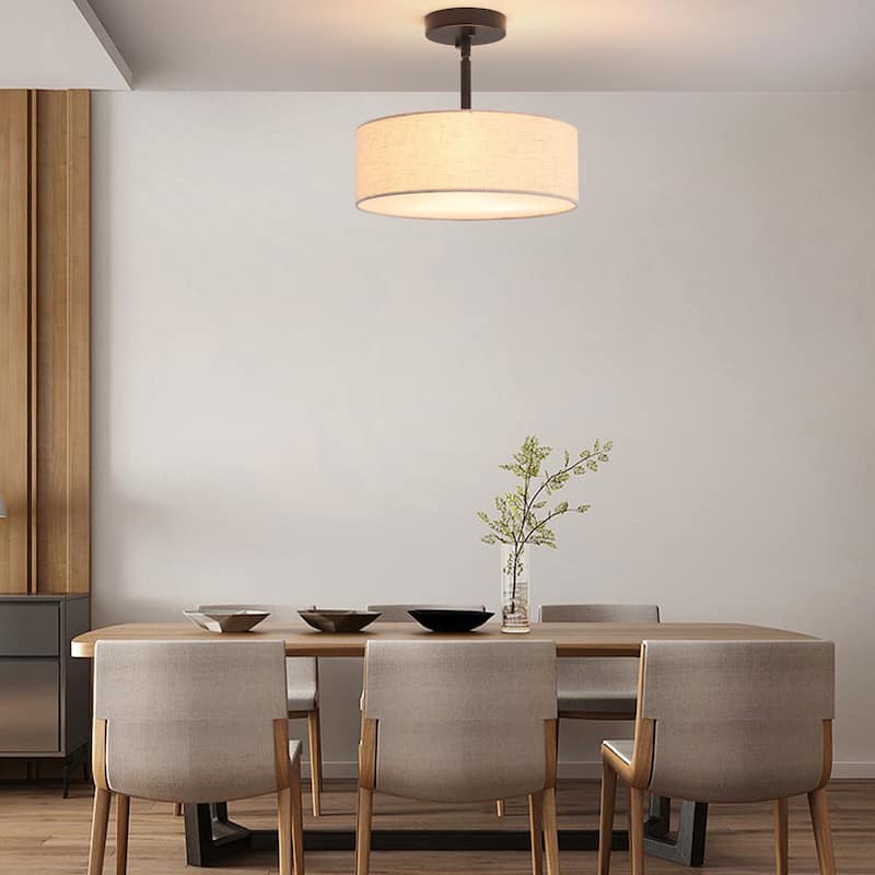 3-Light Classic Hanging Semi Flush Mount Ceiling Light Fixture with Rattan Cover for Kitchen Island