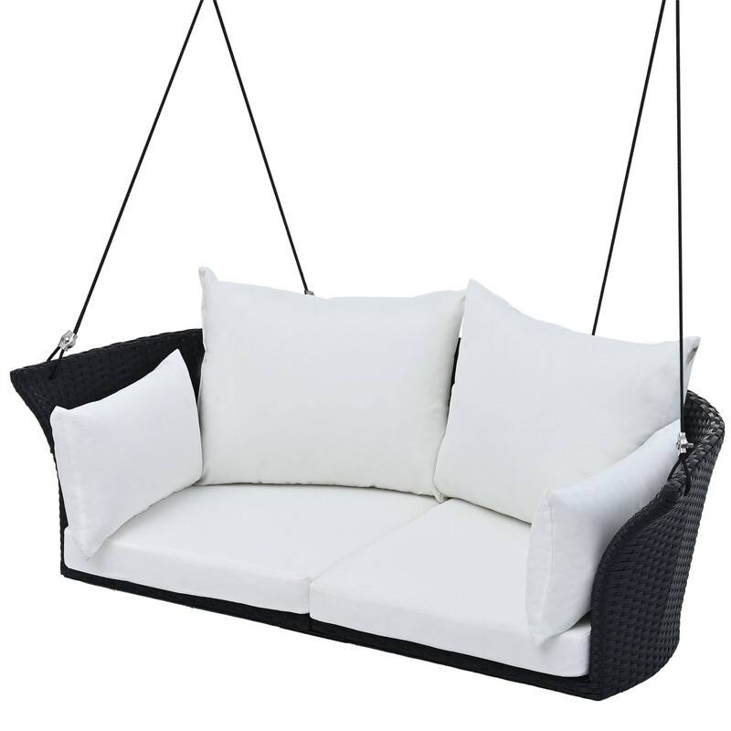 2-Person Porch Swing Bench, PE Rattan Outdoor Swing Chair w/ Comfortable Seat & Back Cushions, Patio Loveseat Swing for Balcony