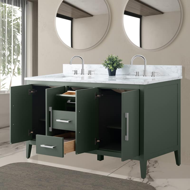 Vanity Art 60" Double Sink Bathroom Vanity Cabinet with Engineered Marble Top