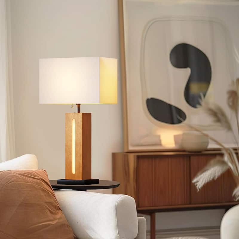 Table Lamps Set Of 2, Modern Dimmable Bedside Lamp With LED Nightlight, Square Wood Grain Nightstand Lamps With Linen Shades