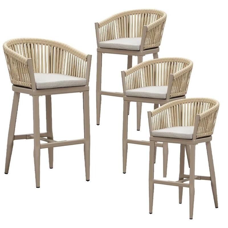 PURPLE LEAF Outdoor Counter Height Bar Stools Set of 4 Patio Aluminum Barstools with Back and Cushions - Cream - Bar Height