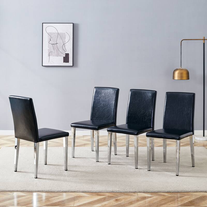 Roomfitters Black PU Dining Chairs with Silver Metal Legs, Versatile Upholstered Set of 4 for Dining or Living Room