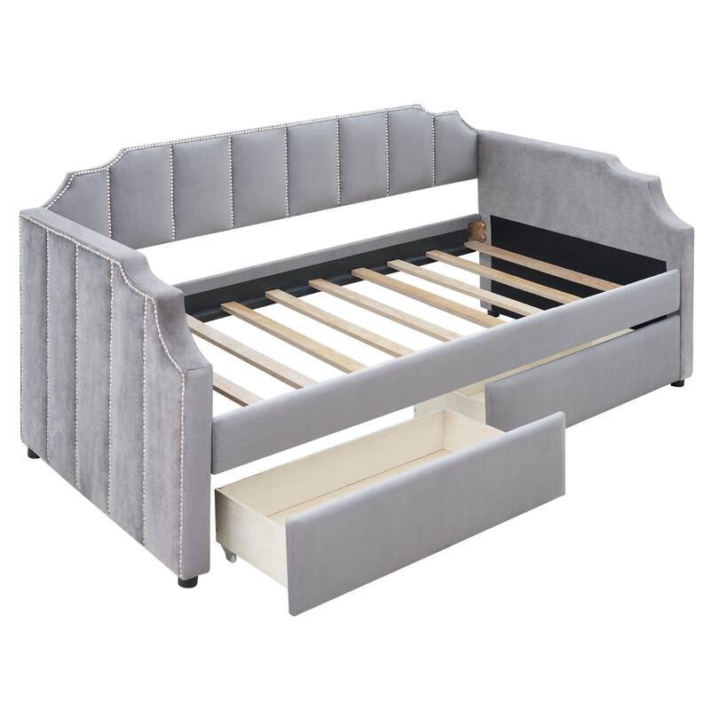 Upholstered Twin Daybed with Storage Drawers, Velvet Fabric, Wood Frame, Space-Saving Bed for Bedroom or Guest Room