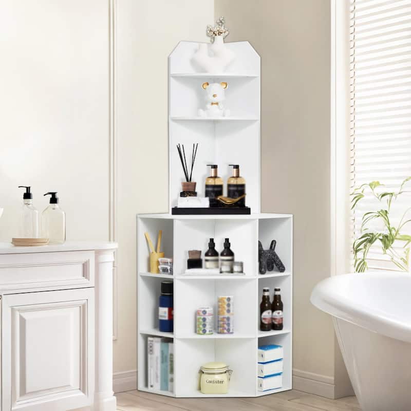 Modern 12-Shelf Corner Cabinet with Charging Station and Adjustable Storage for Bedroom or Study - 28.1"L x 21.3"W x 64.3"H