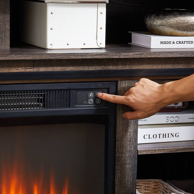 Antique Brown Modern TV Stand with Built-In Fireplace & Sliding Door Storage, 58" Wide Entertainment Console