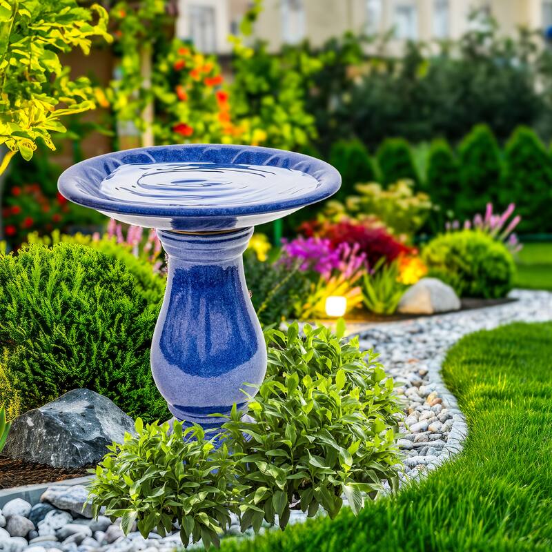 Sunnydaze Daisy Embossed Bowl Glazed Ceramic Bird Bath - Blue - 21.5" H