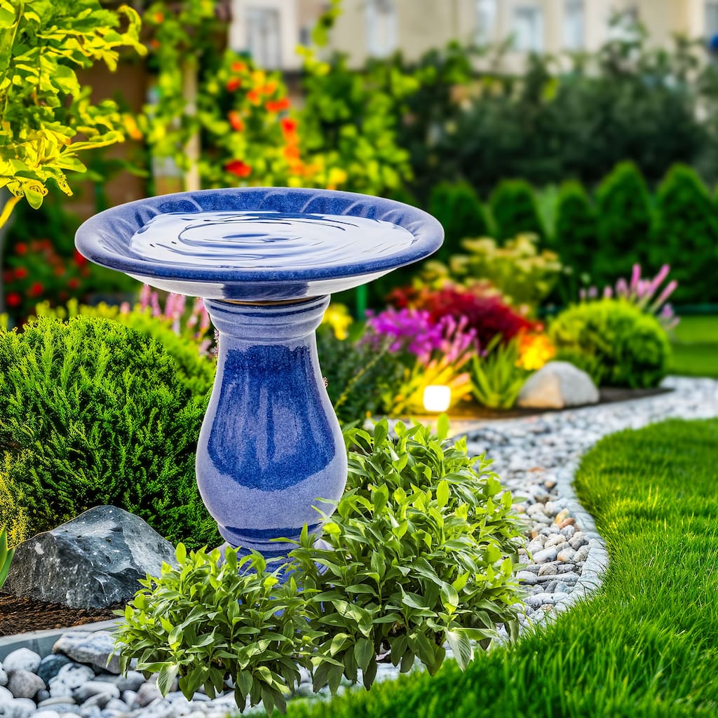Sunnydaze Daisy Embossed Bowl Glazed Ceramic Bird Bath - Blue - 21.5" H