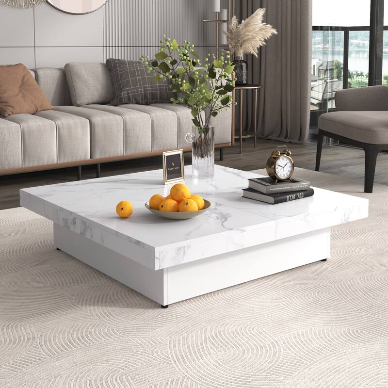 Modern Square Extendable Coffee Table with Sliding Top, Cocktail Table Center Table with 4 Hidden Storage Compartments for Home