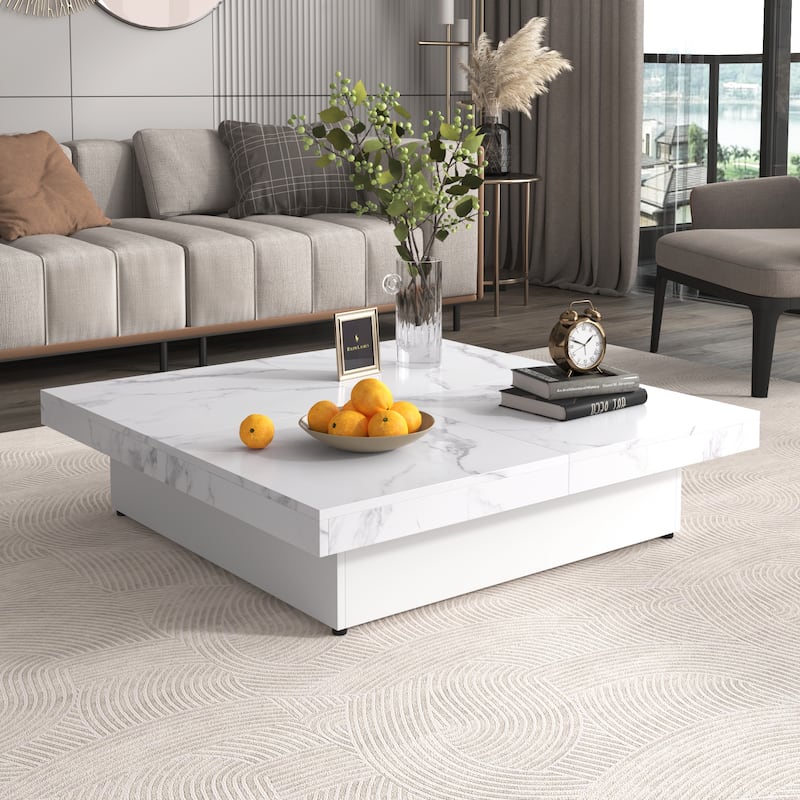 Roomfitters Modern Square Coffee Table with Sliding Top, Hidden Storage Compartments, Low Profile 39.4" - White