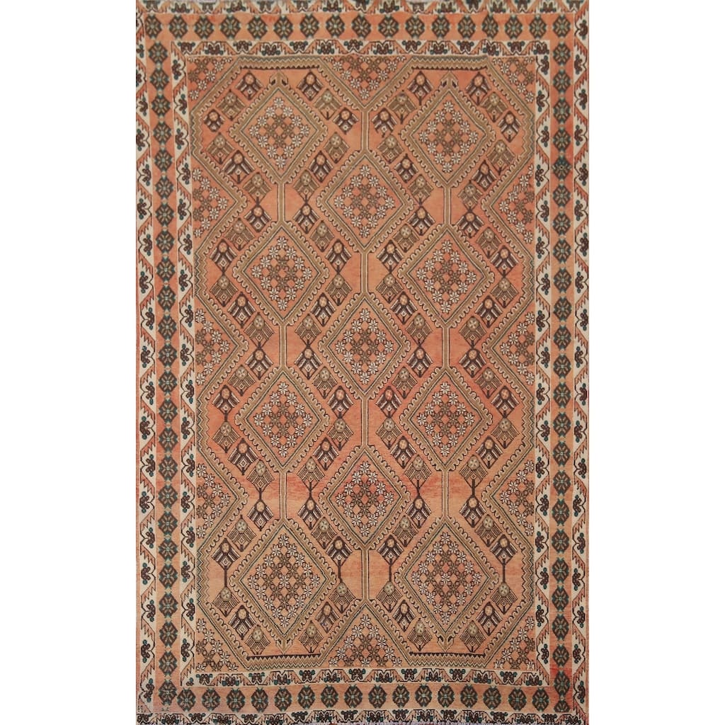 Geometric Bakhtiari Persian Vintage Rug Handmade Coral Wool Carpet - 6'4" x 9'6"