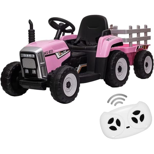 slide 2 of 20, 12V 25W Ride on Tractor with Trailer & Remote Control Pink