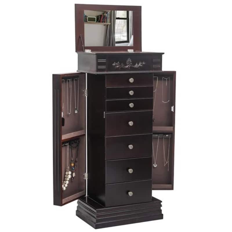 Stylish Jewelry Armoire with Mirror and Necklace Hooks - 18.5” x 12” x 42"