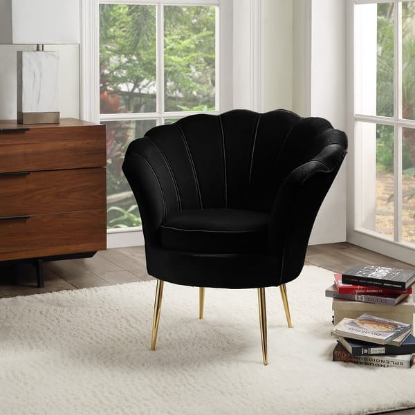 slide 2 of 18, Angelina Velvet Scalloped Back Barrel Accent Chair w/ Metal Legs Black