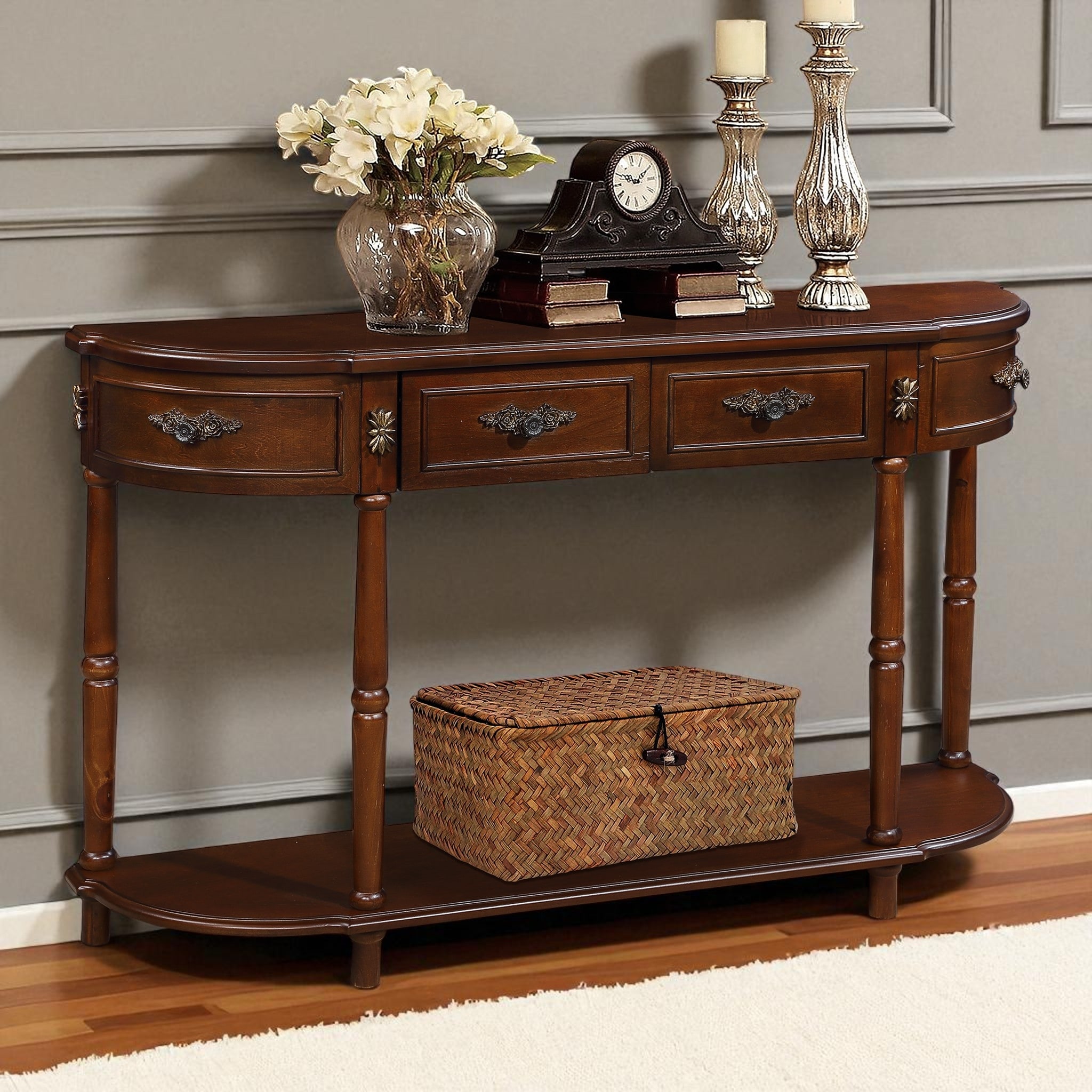 52'' Solid Wood Console Table with Curved Legs, 2 Drawers & Bottom Shelf, Retro Entryway or Sofa Table for Hallway - Pine
