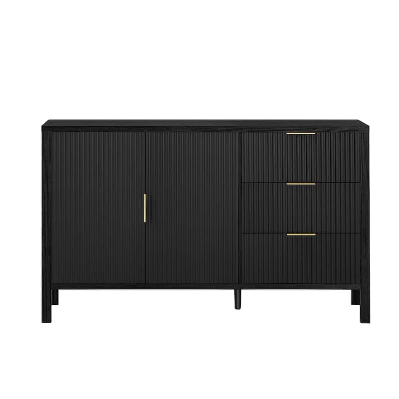 Modern Wave-Pattern Sideboard with 3 Drawers, Large Storage Buffet Cabinet with Hooks and Extra Center Leg, for Living Room