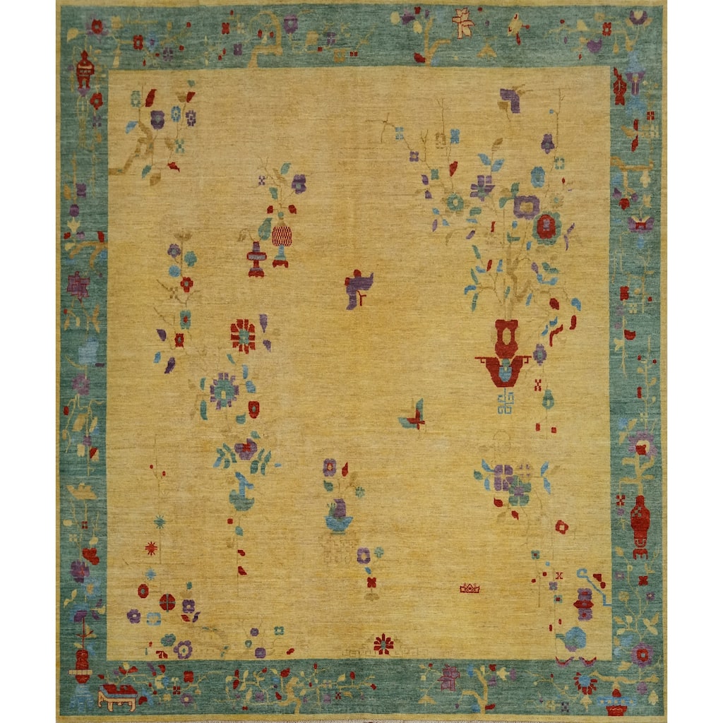 Hand Knotted Traditional Wool Yellow Floral Area Rug - 11' 9'' X 11' 8''