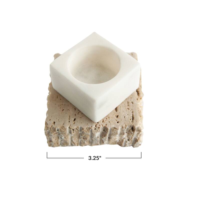 Decorative Marble and Travertine Candle Holder - 3.3"L x 3.3"W x 2.5"H