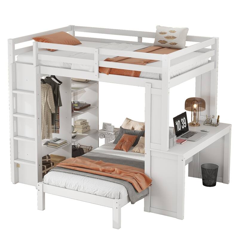 Solid Wood Full XL/Twin Bunk Bed with Dismountable Lower Bed, Built-in Desk, Shelves, and Wardrobe, Converts to Loft Bed, White