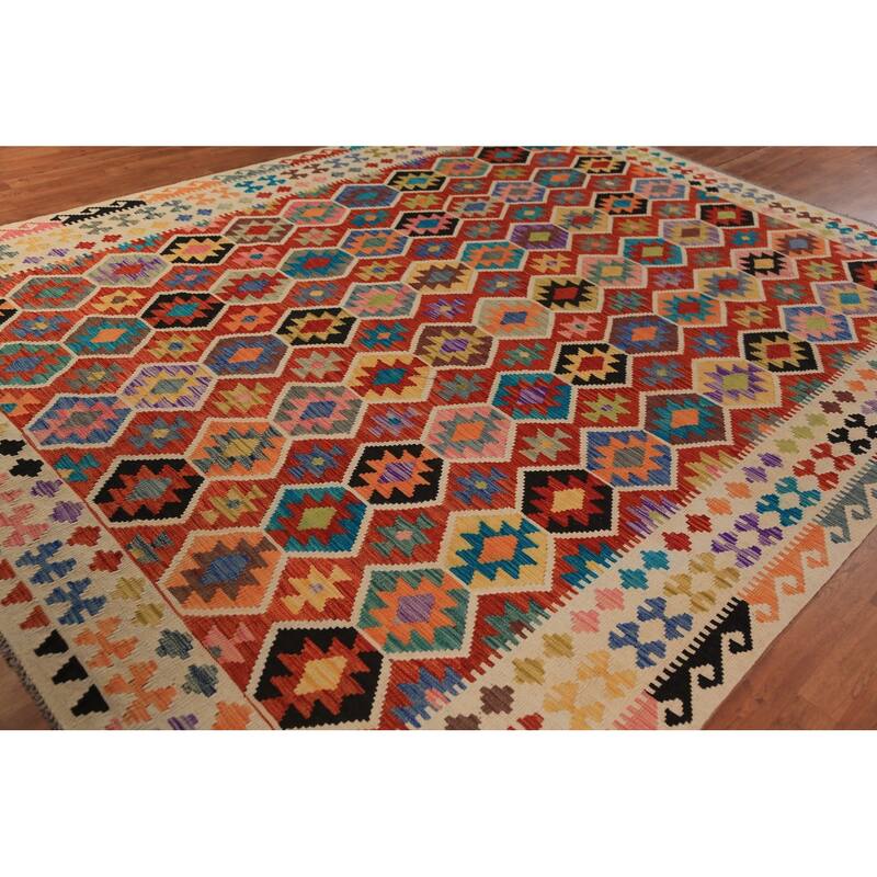 Geometric Kilim Area Rug Hand-Woven Orange Tribal Wool Carpet - 8'10"x 12'0"