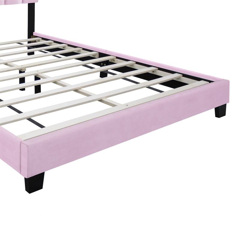 Pink Velvet Upholstered Bed Frame with Adjustable Features