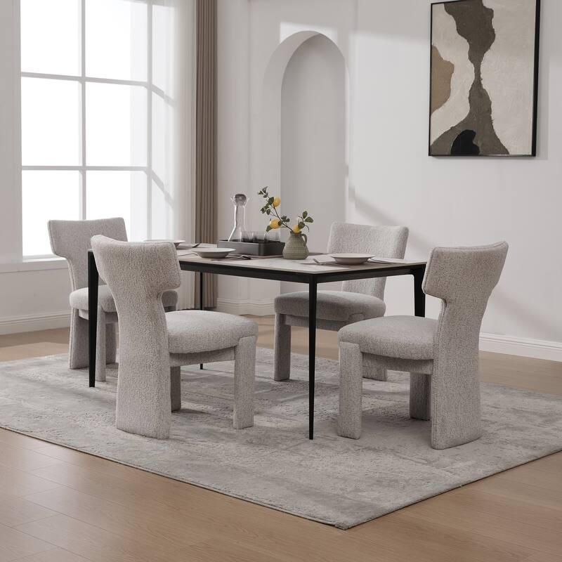 Modern Upholstered Chenille Dining Chair Set, Armless Kitchen Side Chairs Curved Back Accent Chairs w/ Wood Legs for Living Room