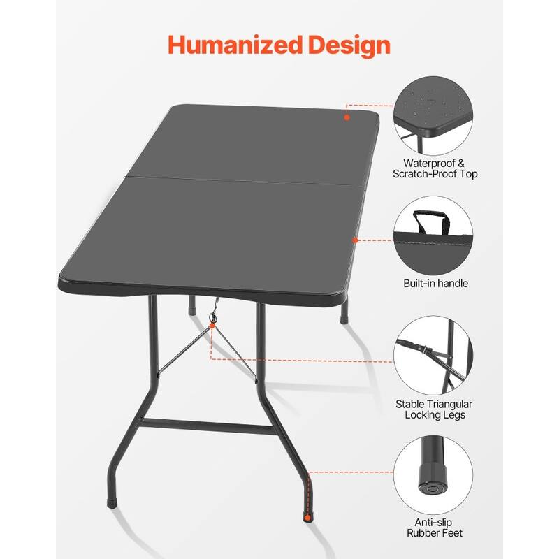 6FT Folding Camping Table Portable Picnic Desk with HDPE Top and Steel Legs for Outdoor BBQ