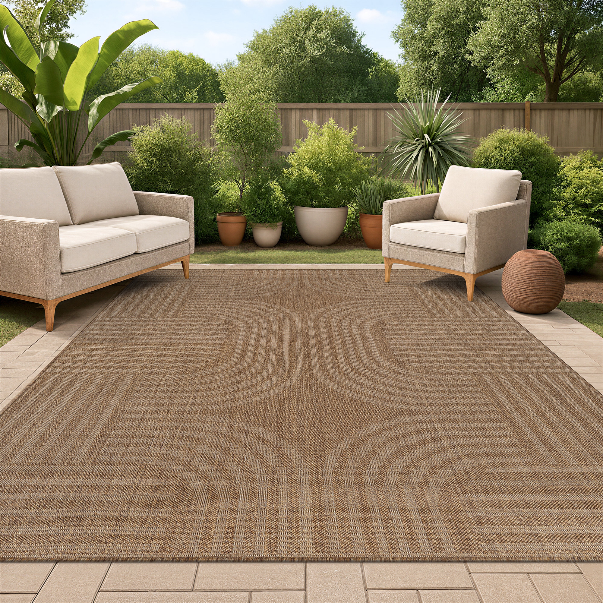 World Rug Gallery Geometric Indoor/Outdoor Flat Woven Area Rug - Natural Jute-Style, Easy-Care Patio Rug for Balcony Patio Deck