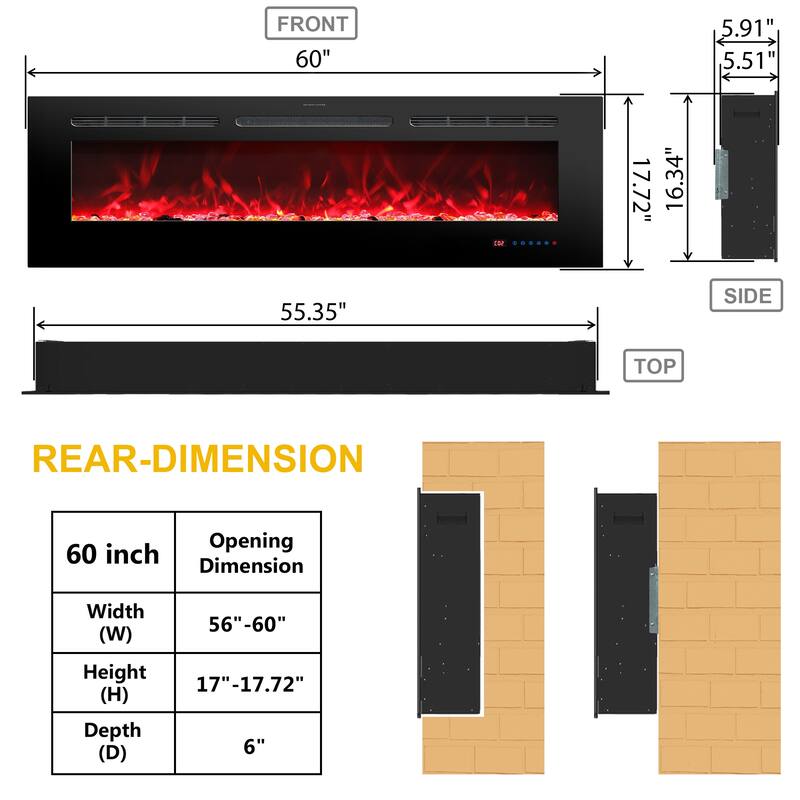 60" Inserted & Wall-Mounted Electric Fireplace with Remote and Timer, 13 Adjustable Flame Color