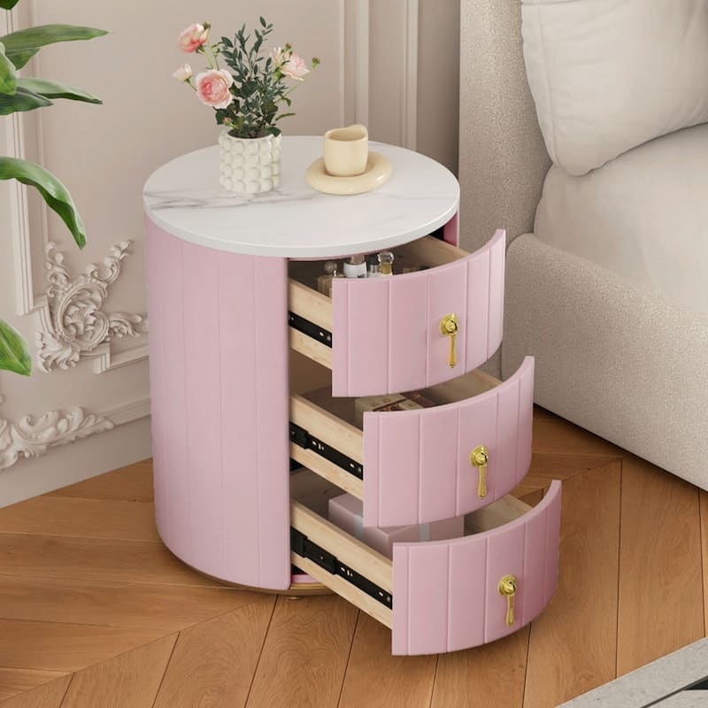 Round Bedside Upholstered Nightstand with 3 Drawers