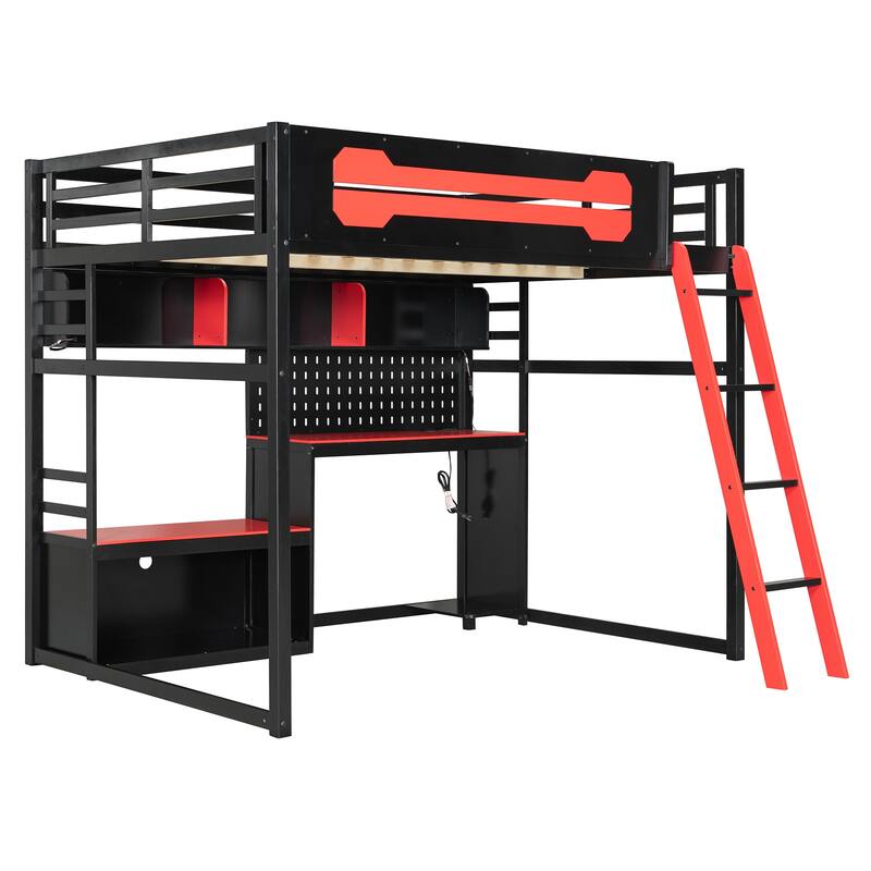 Full Size Gaming Loft Bed with Desk, Shelves, LED, USB and Pegboard
