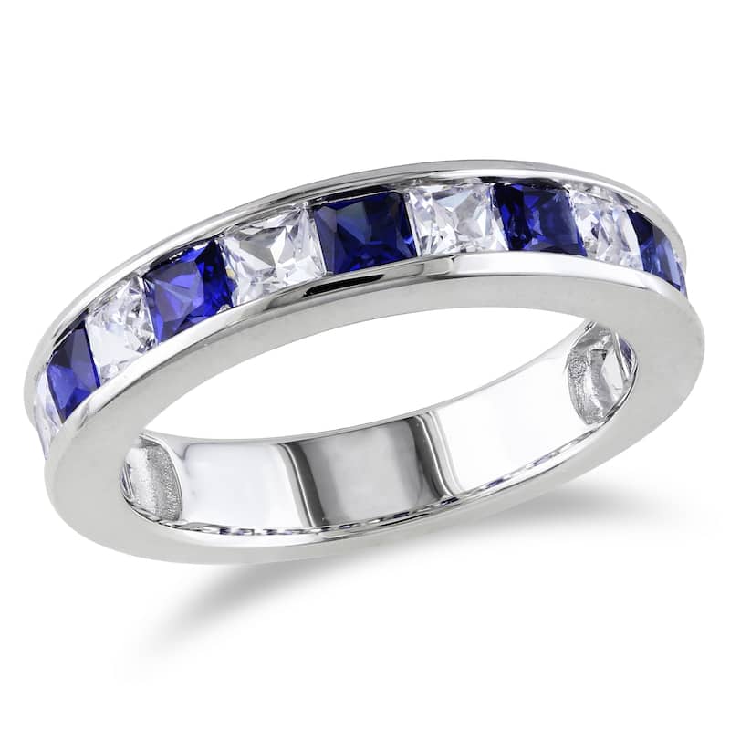 Miadora Sterling Silver 2 1/3ct TGW Square-cut Created Blue and White Sapphire Stackable Anniversary