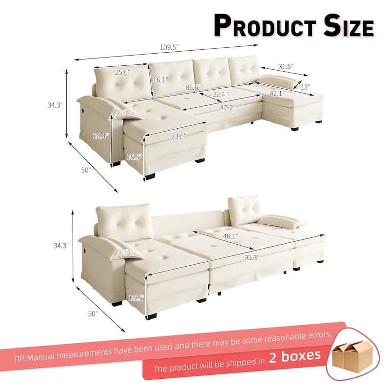 Homy Casa U Shaped Sleeper Sofa with Pull Out Bed USB Ports Convertible Sectional Couch with Chaise Lounge Beige Grey Orange