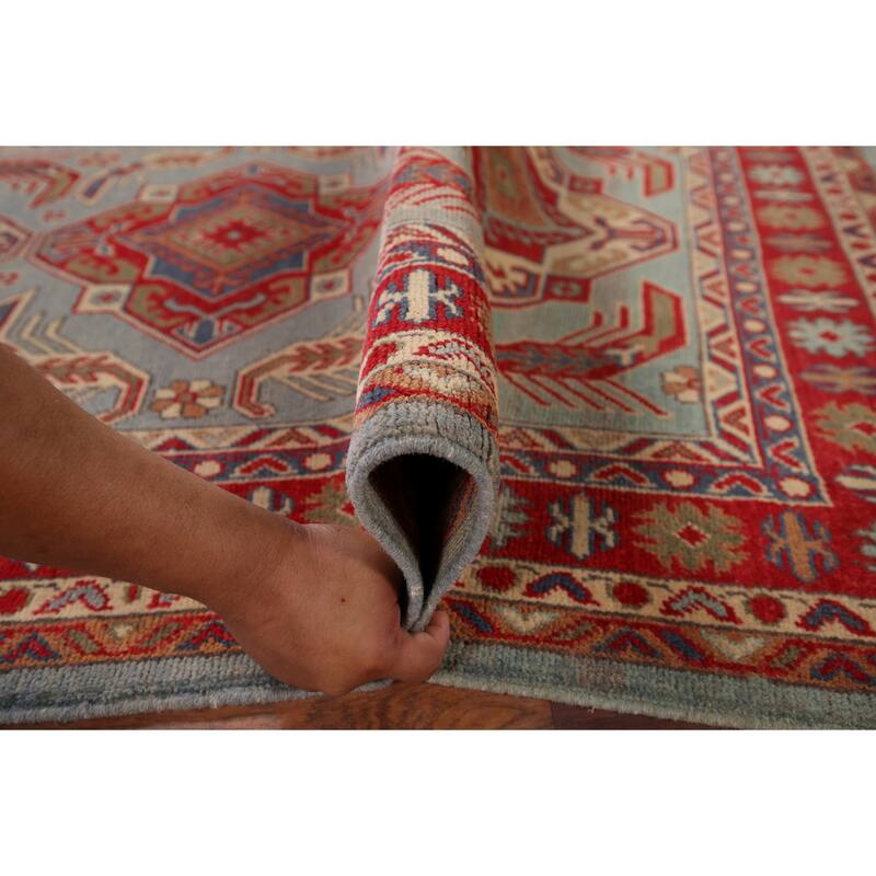 Hand Knotted Oriental 100% Wool Carpet Traditional Geometric Navy Blue & Blues Kazak Area Rug - 5' 10'' X 4' 0''