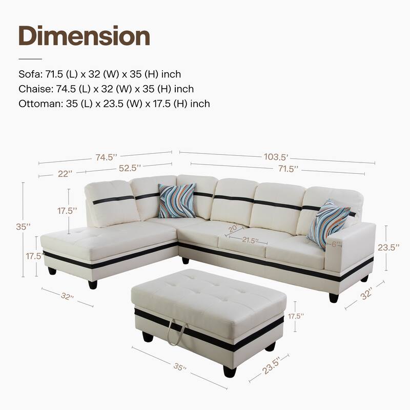 L-Shape Semi PU Leather Living Room Sofa Set with Ottoman,3-Piece