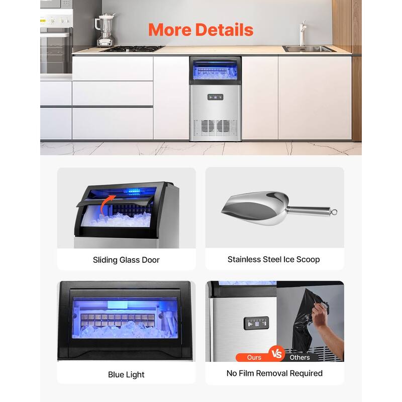 Silver Black Stainless Steel Commercial Ice Maker with 130 lbs Daily Output and Auto Cleaning - 17.1 x 16.1 x 31.5 in