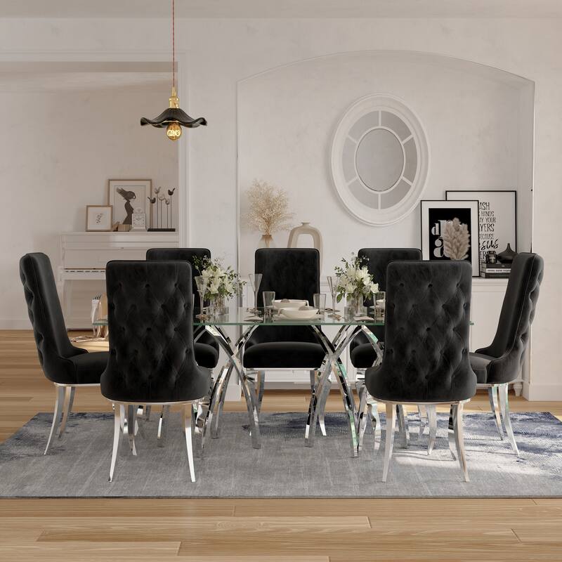 Heavy Duty Dining Chairs with Button Tufted Backrest and Polished Stainless Steel Metal Legs