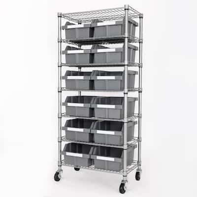 Seville Classics Commercial 7-Tier NSF 12 Bin Steel Rack Shelving Storage System, 24" W x 14.25" D x 56" H