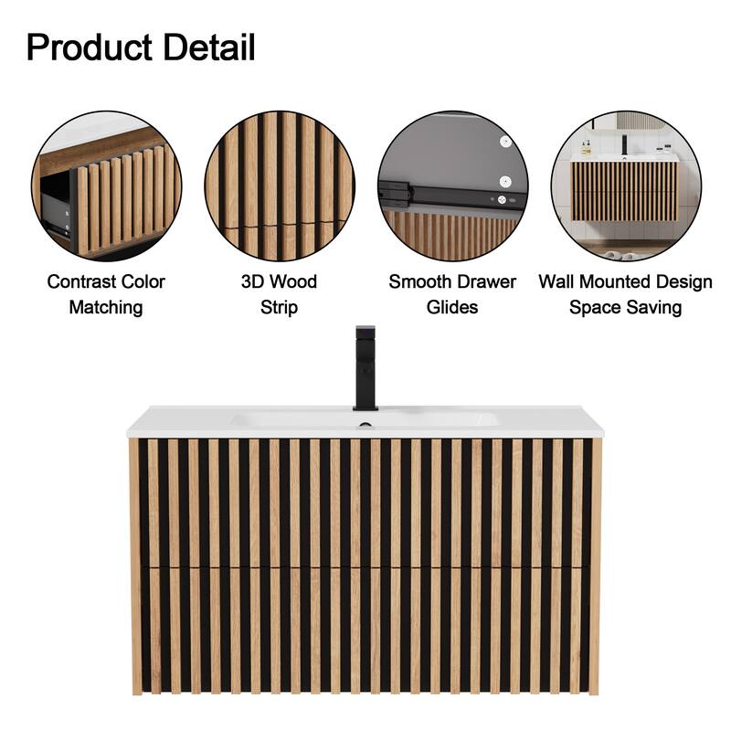 Wall Mounted Bathroom Vanity Set Mid-Century Storage Cabinet with Ceramic Sink