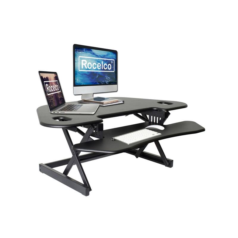 Rocelco 46 in. W Black Height Adjustable Corner Standing Desk Converter Dual Monitor Riser with Gas Spring Assist Design