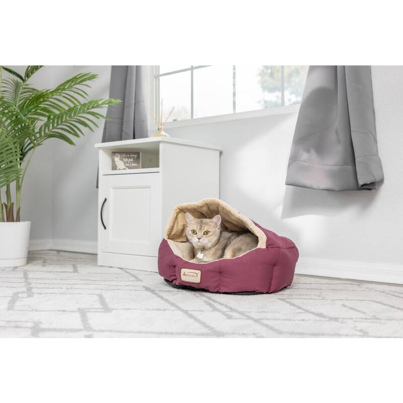 Cat Bed, Small Pet Bed, Burgundy/Ivory - 18"L x 14"W x 11"H