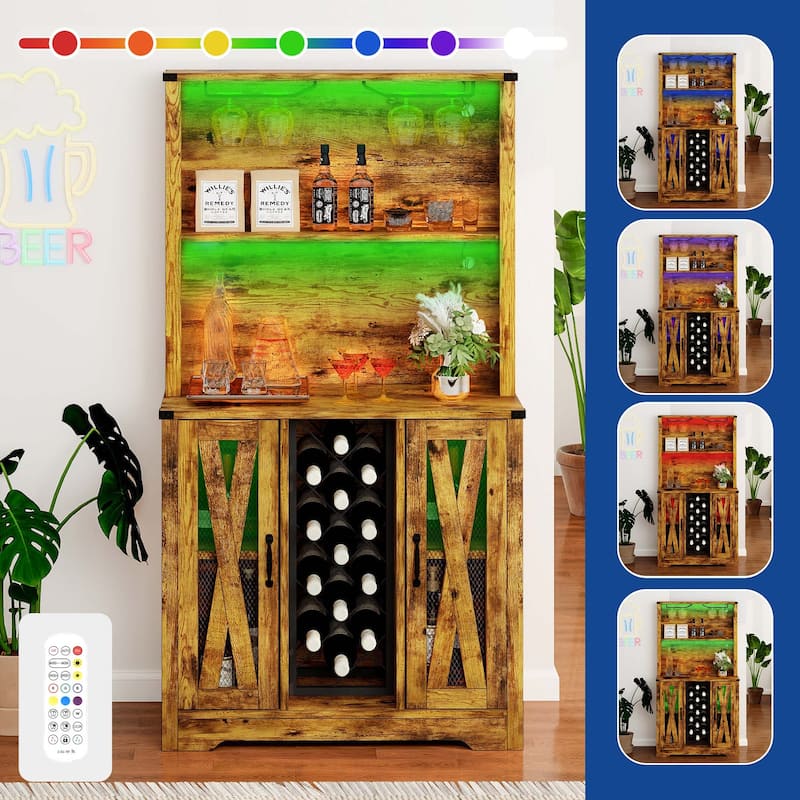 Moasis Farmhouse Bar Cabinet w/ Wine Rack & LED Lights, Sideboard Buffet Storage Cabinet for Dinning Room