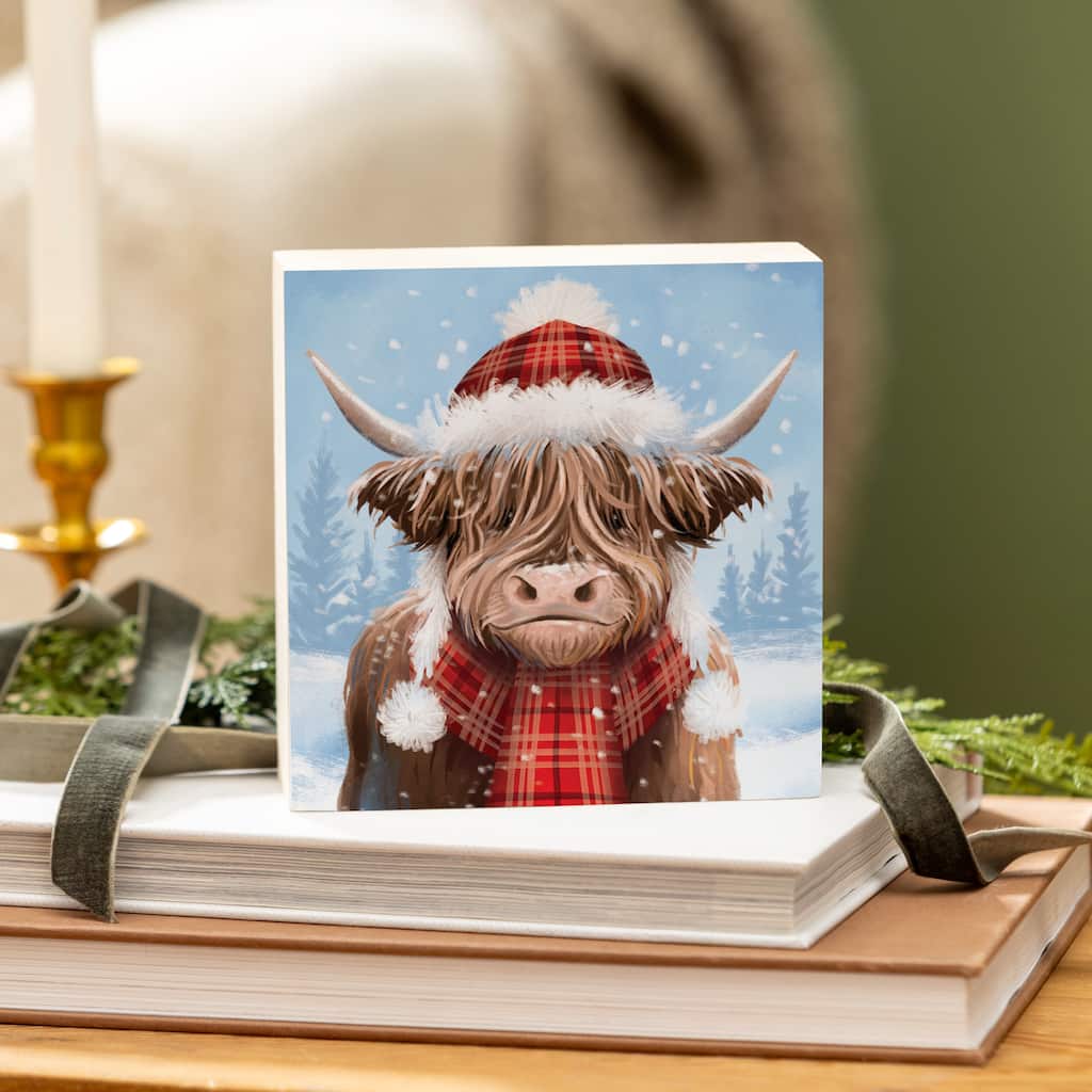 Holiday Highland Cow Sign Wood Block - 6" x 6" - Multicolor