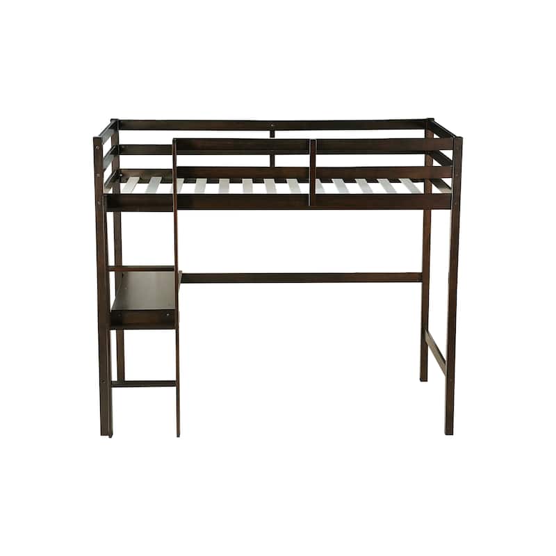 Twin High Loft Bed, Rubber Wood Loft Bed with Safety Guardrail built-in desk, ladder, Espresso